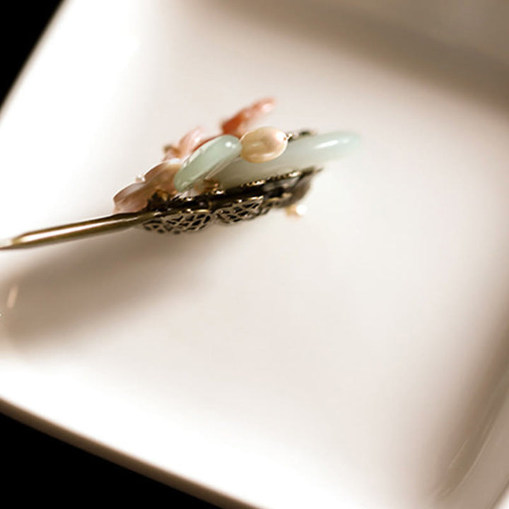 Buddha Stones Copper Jade Shell Flower Leaves Luck Hairpin