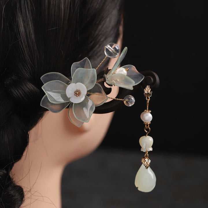 Buddha Stones Ebony Jade Shell Magnolia Tassel Blessing Hairpin