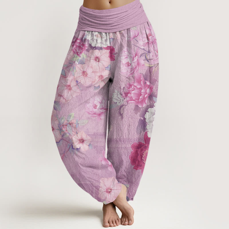 Buddha Stones Casual Peony Flower Women's Elastic Waist Harem Pants