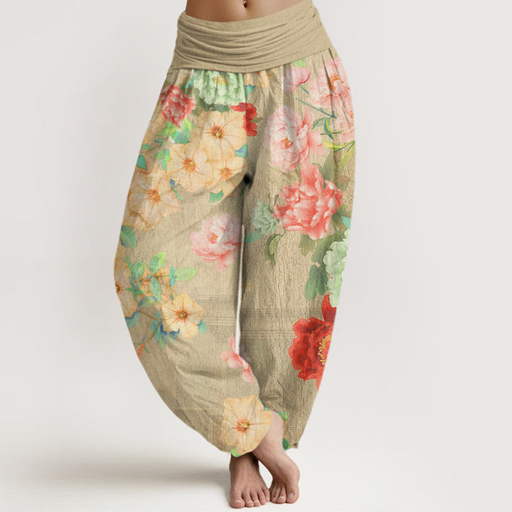 Buddha Stones Casual Peony Flower Women's Elastic Waist Harem Pants