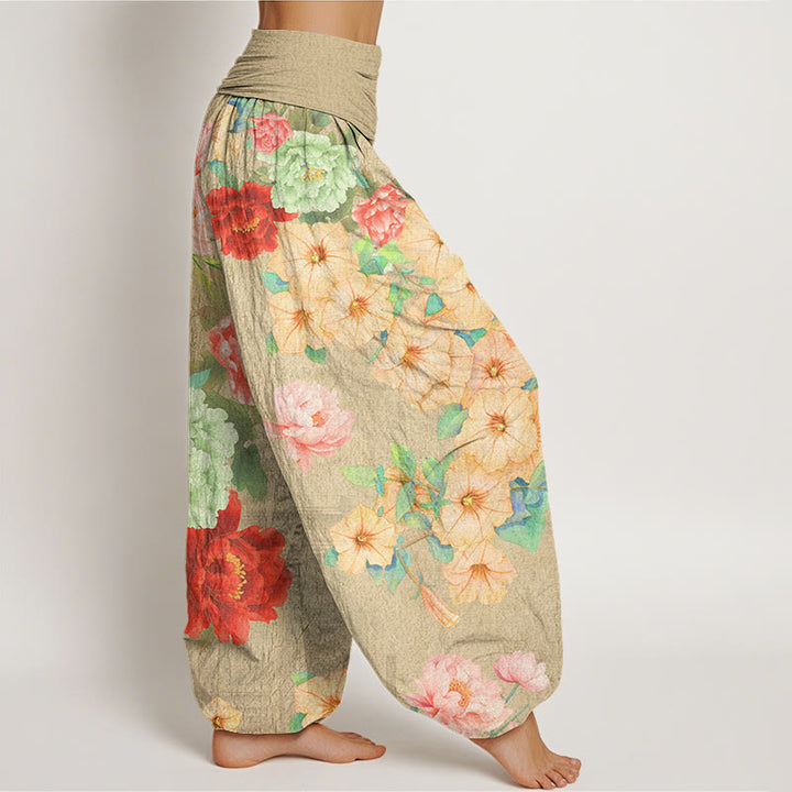 Buddha Stones Casual Peony Flower Women's Elastic Waist Harem Pants