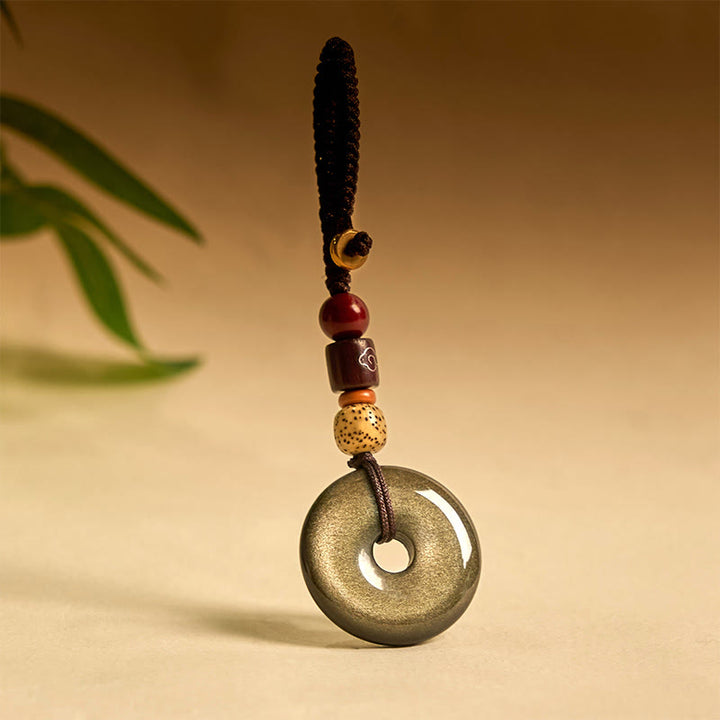 Buddha Stones Natural Gold Sheen Obsidian Peace Buckle Strengthen Key Chain