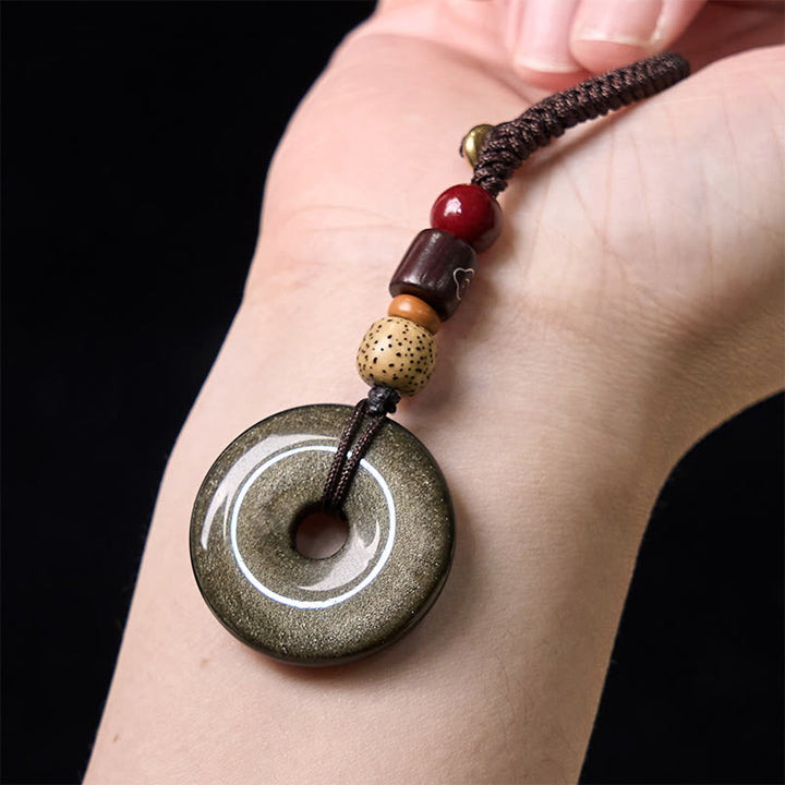 Buddha Stones Natural Gold Sheen Obsidian Peace Buckle Strengthen Key Chain