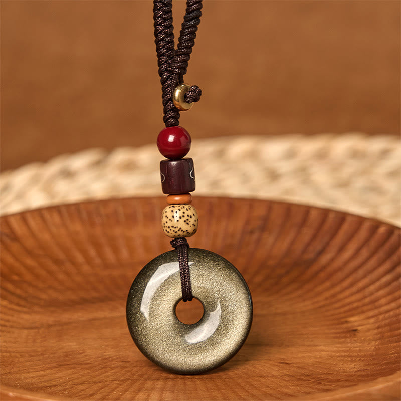 Buddha Stones Natural Gold Sheen Obsidian Peace Buckle Strengthen Key Chain