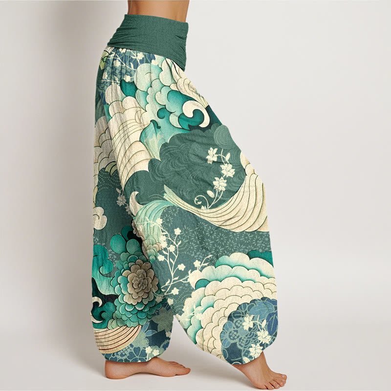 Buddha Stones Flower Wave Pattern Women's Elastic Waist Harem Pants - image 2