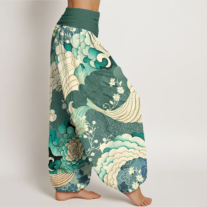 Buddha Stones Flower Wave Pattern Women's Elastic Waist Harem Pants - image 2