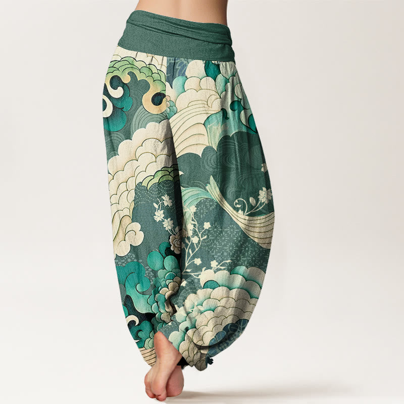 Buddha Stones Cotton Flower Wave Pattern Women's Elastic Waist Harem Pants - image 1