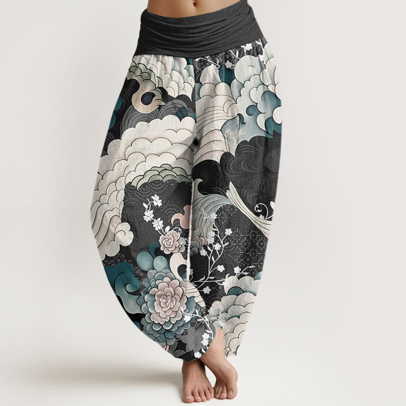 Buddha Stones Cotton Flower Wave Pattern Women's Elastic Waist Harem Pants - Black - US22，UK/AU26，EU54 (6XL) - image 4