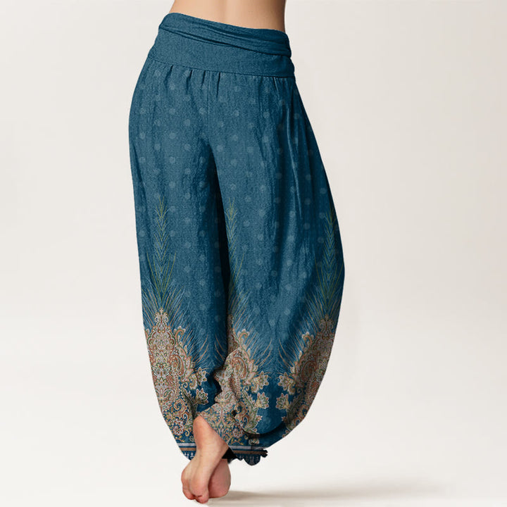 Buddha Stones Ethnic Peacock Floral Pattern Women's Elastic Waist Harem Pants