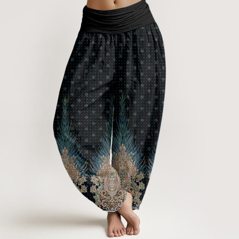 Buddha Stones Ethnic Peacock Floral Pattern Women's Elastic Waist Harem Pants - Black - US22，UK/AU26，EU54 (6XL) - image 7
