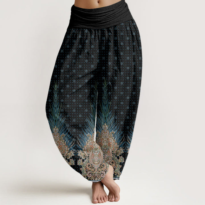 Buddha Stones Ethnic Peacock Floral Pattern Women's Elastic Waist Harem Pants - Black - US22，UK/AU26，EU54 (6XL) - image 7