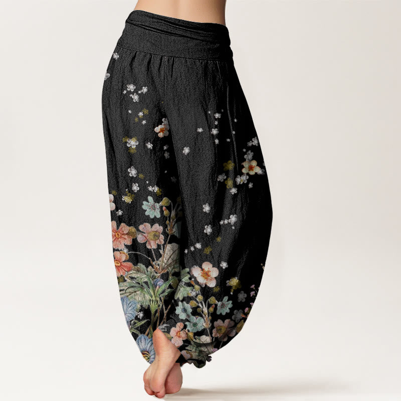 Buddha Stones Cotton Various Flowers Pattern Women's Elastic Waist Harem Pants - image 1