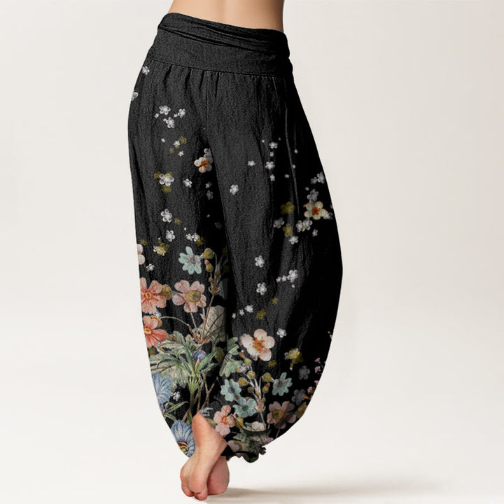Buddha Stones Cotton Various Flowers Pattern Women's Elastic Waist Harem Pants - image 1