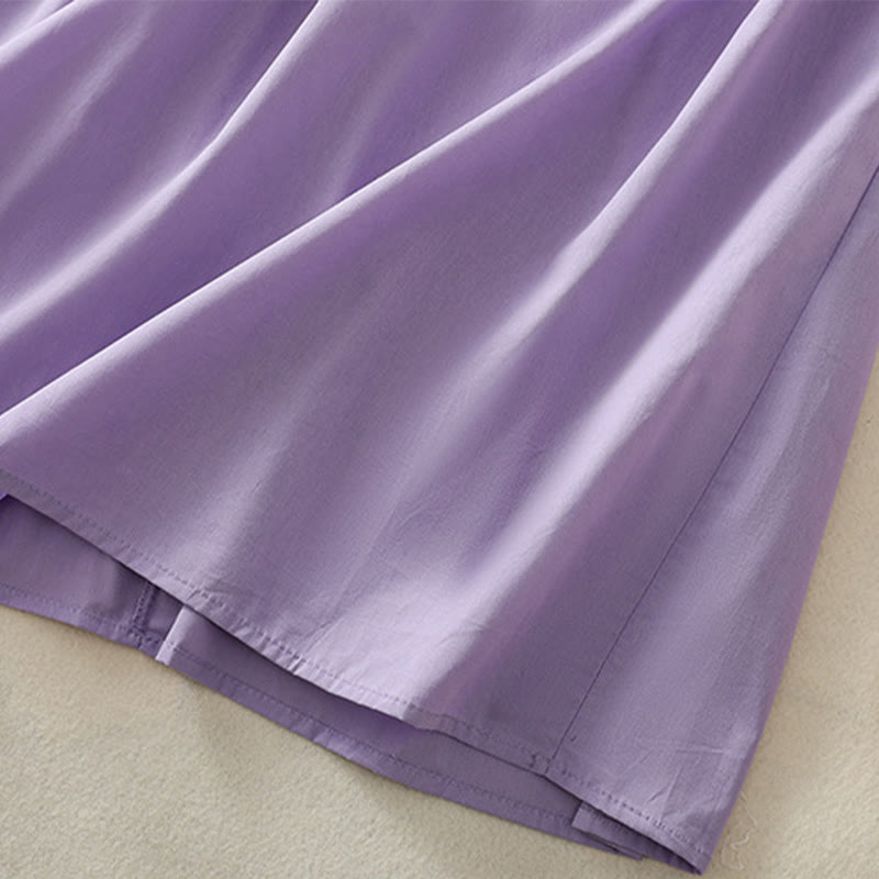 Buddha Stones Summer Orchid Embroidery Lace-Up V-Neck Half Sleeve Cotton Linen Midi Dress With Pockets - image 11