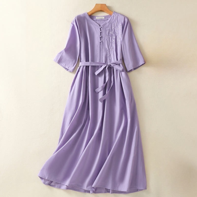 Buddha Stones Summer Orchid Embroidery Lace-Up V-Neck Half Sleeve Cotton Linen Midi Dress With Pockets