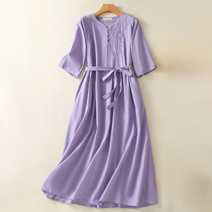 Buddha Stones Summer Orchid Embroidery Lace-Up V-Neck Half Sleeve Cotton Linen Midi Dress With Pockets