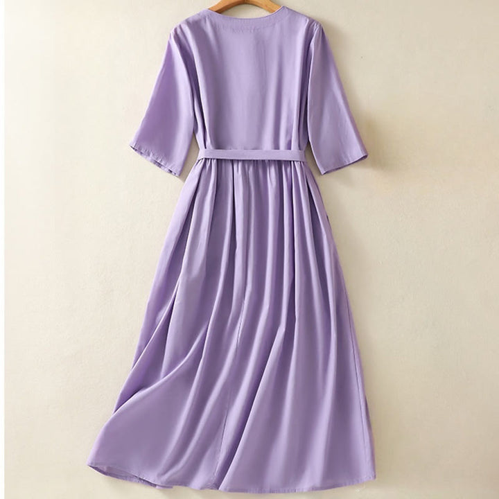 Buddha Stones Summer Orchid Embroidery Lace-Up V-Neck Half Sleeve Cotton Linen Midi Dress With Pockets