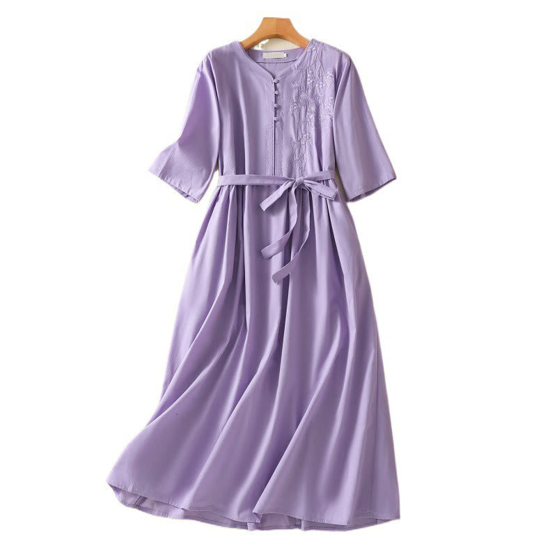 Buddha Stones Summer Orchid Embroidery Lace-Up V-Neck Half Sleeve Cotton Linen Midi Dress With Pockets - image 14