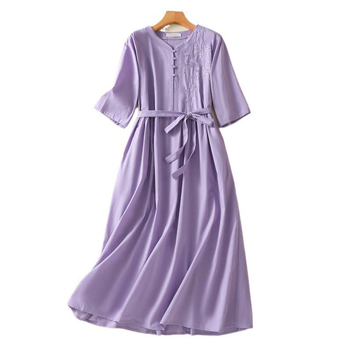 Buddha Stones Summer Orchid Embroidery Lace-Up V-Neck Half Sleeve Cotton Linen Midi Dress With Pockets - image 14