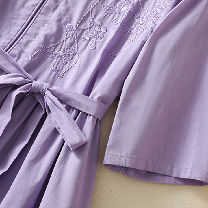Buddha Stones Summer Orchid Embroidery Lace-Up V-Neck Half Sleeve Cotton Linen Midi Dress With Pockets