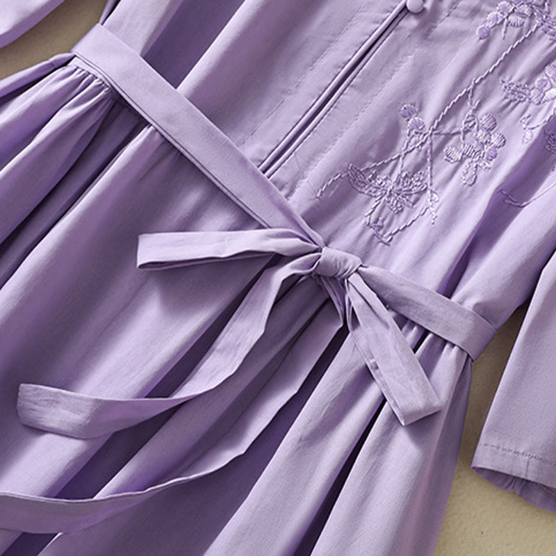 Buddha Stones Summer Orchid Embroidery Lace-Up V-Neck Half Sleeve Cotton Linen Midi Dress With Pockets