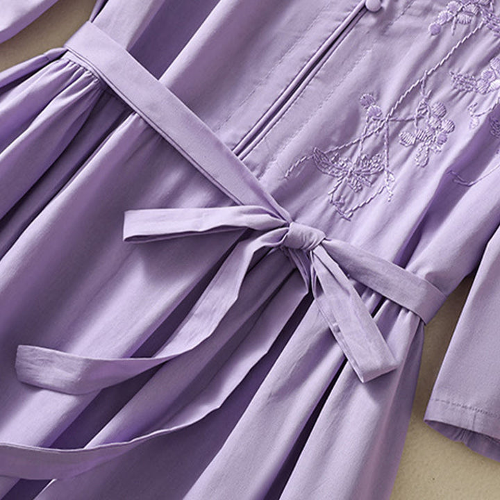 Buddha Stones Summer Orchid Embroidery Lace-Up V-Neck Half Sleeve Cotton Linen Midi Dress With Pockets