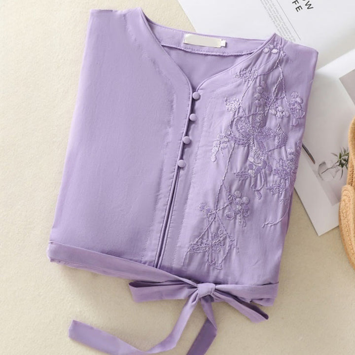 Buddha Stones Summer Orchid Embroidery Lace-Up V-Neck Half Sleeve Cotton Linen Midi Dress With Pockets