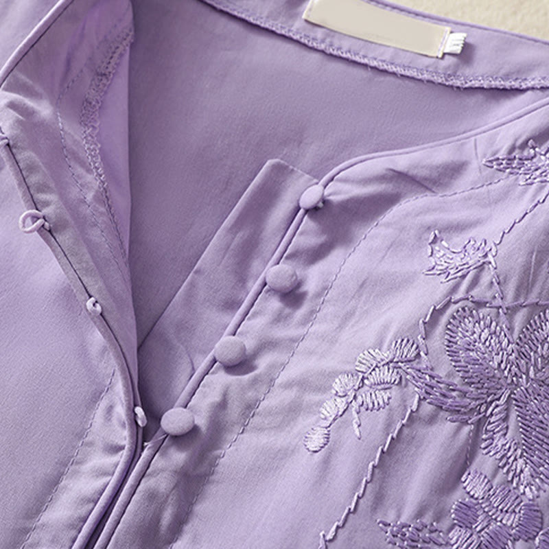 Buddha Stones Summer Orchid Embroidery Lace-Up V-Neck Half Sleeve Cotton Linen Midi Dress With Pockets - image 4