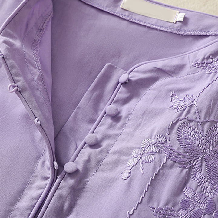 Buddha Stones Summer Orchid Embroidery Lace-Up V-Neck Half Sleeve Cotton Linen Midi Dress With Pockets - image 4