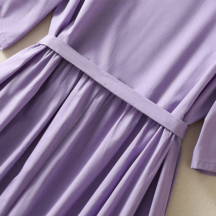 Buddha Stones Summer Orchid Embroidery Lace-Up V-Neck Half Sleeve Cotton Linen Midi Dress With Pockets