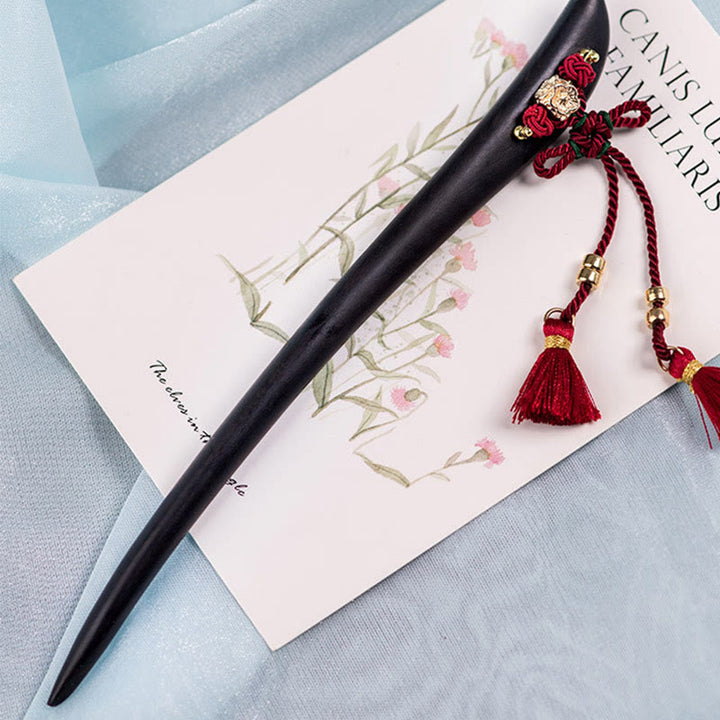 Buddha Stones Ebony Red String Chinese Knot Tassel Protection Hairpin