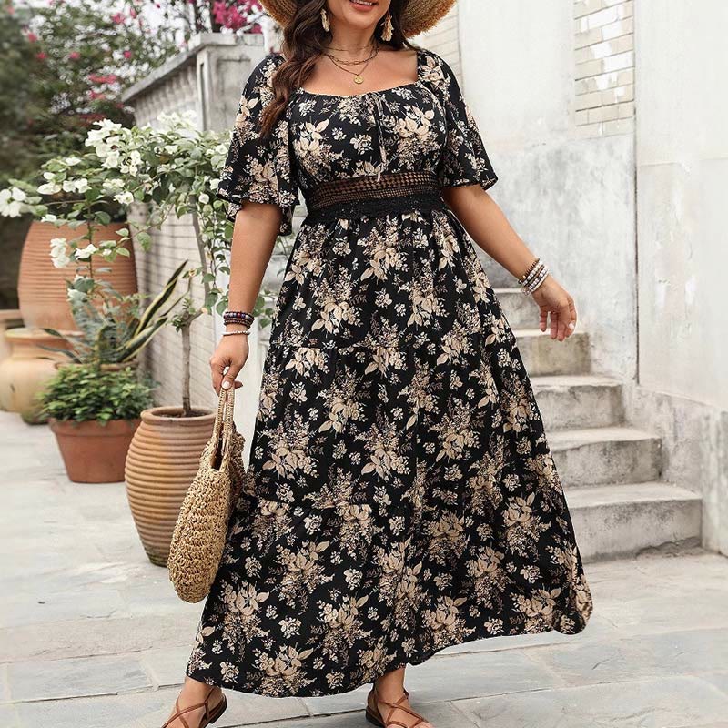 Buddha Stones PLUS SIZE Black Vintage Flower Print Square Collar Half Sleeve Maxi Dress