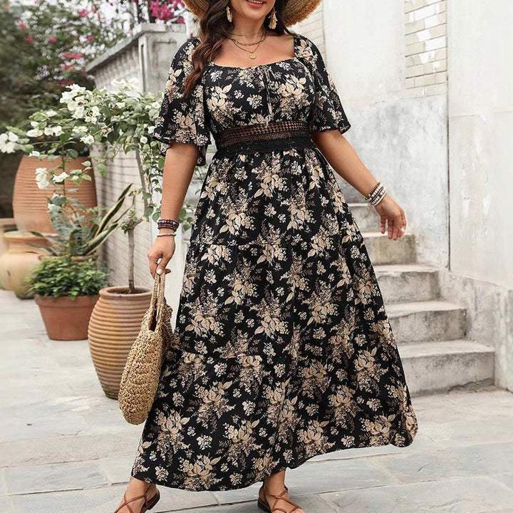Buddha Stones PLUS SIZE Black Vintage Flower Print Square Collar Half Sleeve Maxi Dress