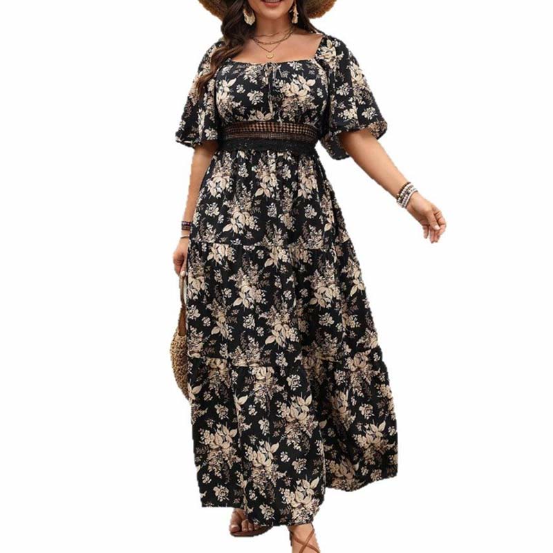 Buddha Stones PLUS SIZE Black Vintage Flower Print Square Collar Half Sleeve Maxi Dress