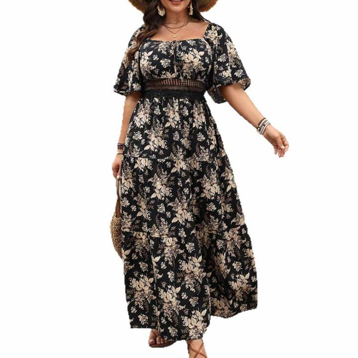 Buddha Stones PLUS SIZE Black Vintage Flower Print Square Collar Half Sleeve Maxi Dress