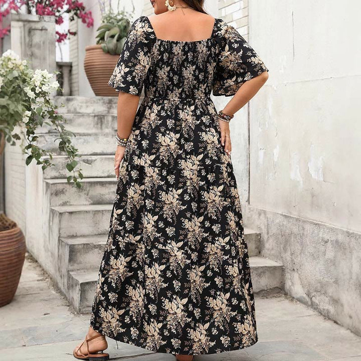 Buddha Stones PLUS SIZE Black Vintage Flower Print Square Collar Half Sleeve Maxi Dress