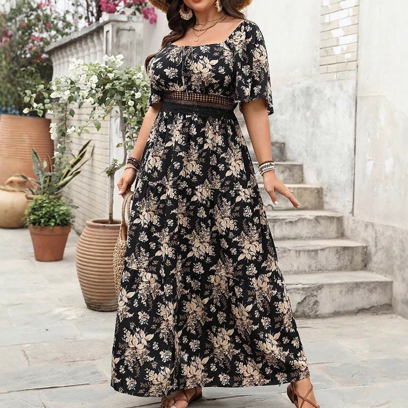Buddha Stones PLUS SIZE Black Vintage Flower Print Square Collar Half Sleeve Maxi Dress