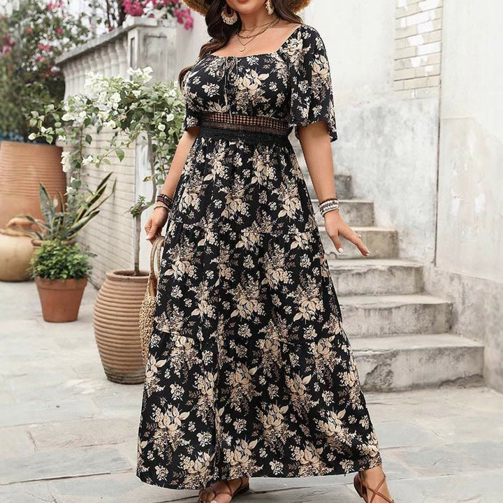 Buddha Stones PLUS SIZE Black Vintage Flower Print Square Collar Half Sleeve Maxi Dress