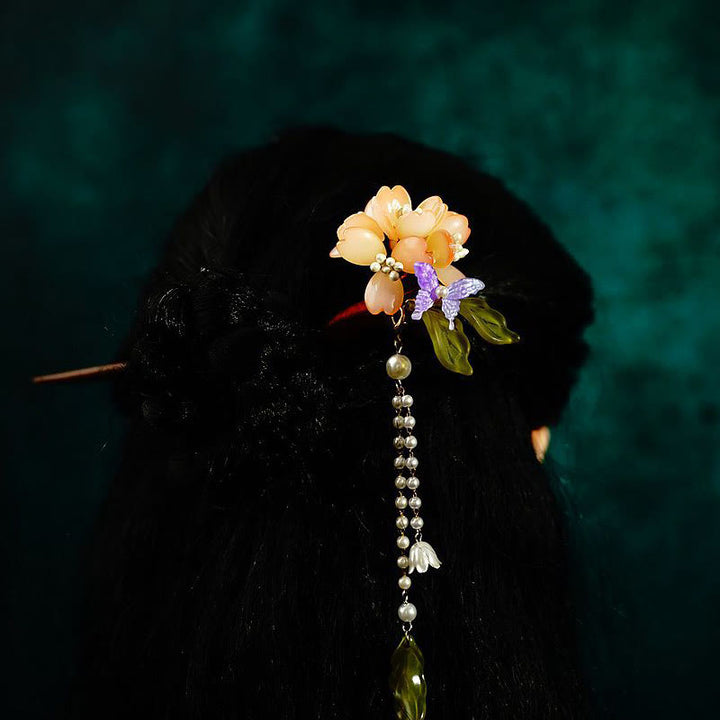 Buddha Stones Grain Wood Liuli Lily Of The Valley Flowers Pearl Tassels Purity Hairpin
