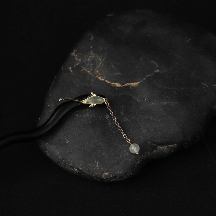 Buddha Stones Ebony Hetian Jade Fish Blessing Hairpin