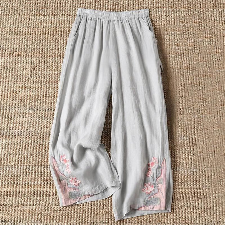 Buddha Stones Summer Embroidery Lotus Flower Lotus Leaf Pattern Women's Wide Leg Pants With Pockets