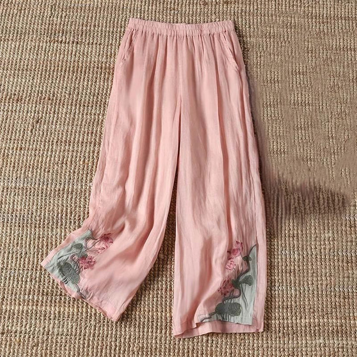 Buddha Stones Summer Embroidery Lotus Flower Lotus Leaf Pattern Women's Wide Leg Pants With Pockets