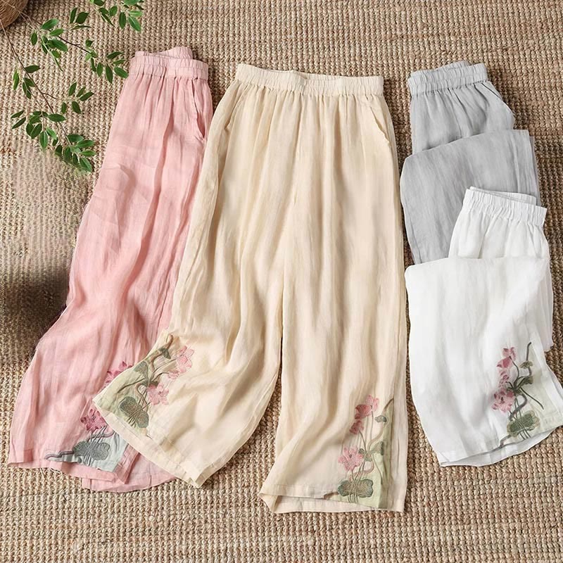 Buddha Stones Summer Embroidery Lotus Flower Lotus Leaf Pattern Women's Wide Leg Pants With Pockets