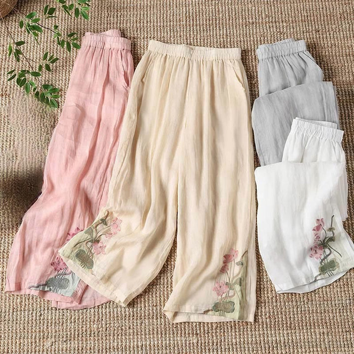 Buddha Stones Summer Embroidery Lotus Flower Lotus Leaf Pattern Women's Wide Leg Pants With Pockets