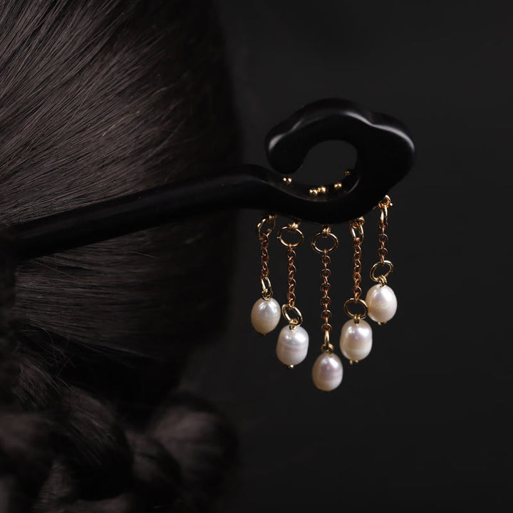 Buddha Stones Ebony Auspicious Cloud Pearl Tassel Protection Hairpin