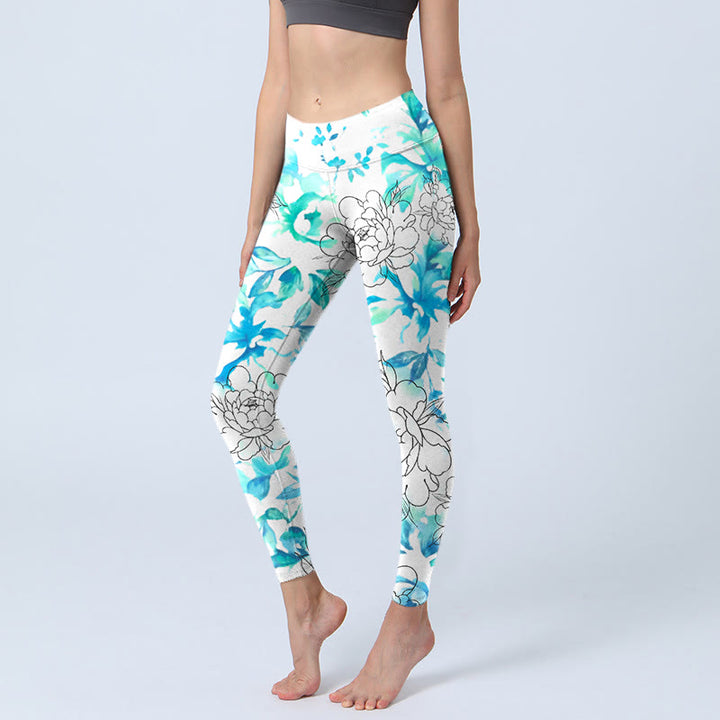 Buddha Stones Blue Watercolor Peony Flowers Lines Pattern Print Gym Leggings Women's Yoga Pants
