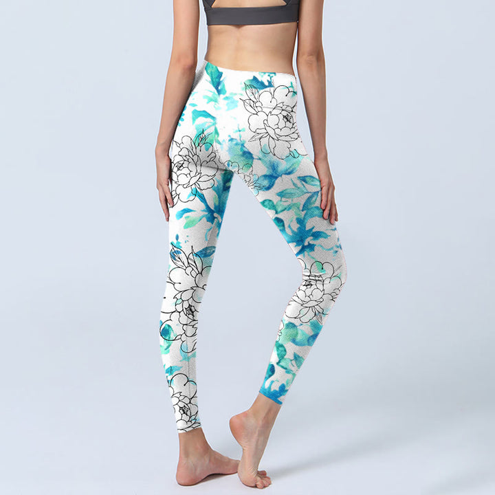 Buddha Stones Blue Watercolor Peony Flowers Lines Pattern Print Gym Leggings Women's Yoga Pants