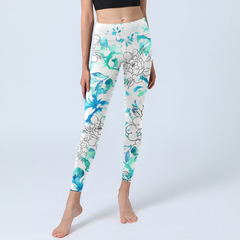 Buddha Stones Blue Watercolor Peony Flowers Lines Pattern Print Gym Leggings Women's Yoga Pants