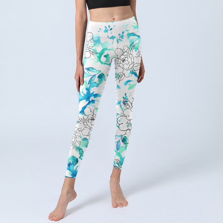 Buddha Stones Blue Watercolor Peony Flowers Lines Pattern Print Gym Leggings Women's Yoga Pants