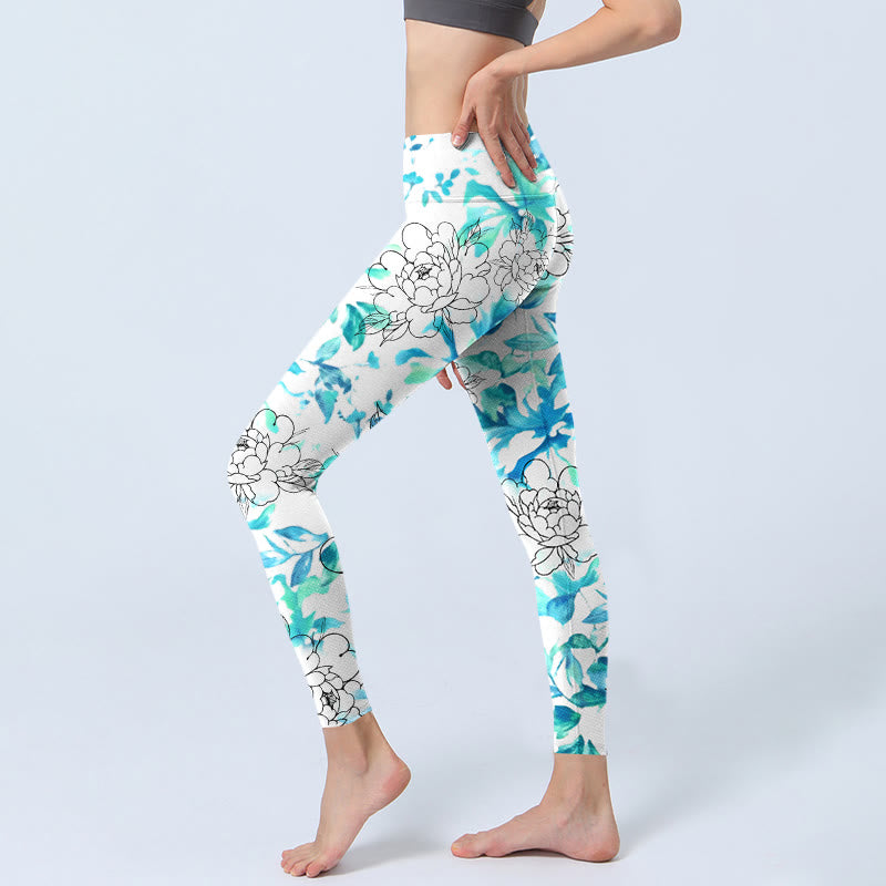 Buddha Stones Blue Watercolor Peony Flowers Lines Pattern Print Gym Leggings Women's Yoga Pants